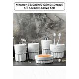 color house 5 Parça Mermer Görünümlü Gümüş Detaylı Seramik Banyo Seti - BN02 Beyaz Tek Ebat