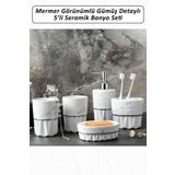 color house 5 Parça Mermer Görünümlü Gümüş Detaylı Seramik Banyo Seti - BN02