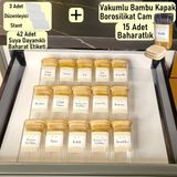 Color House Baharatlık Borosilikat (Cam) 15 Adet Bambu Vakumlu Kapaklı 300 cc Kavanoz ve 3 Adet Düzenleyici Pleksi Stant ( 30 cm * 13 cm x3 ) Çekmece İçi Baharatlık Stantlı Bambu Baharatlık Seti - Şeffaf - 300 ml