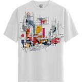 Color Luxe Cityscape Sketch - Pamuklu Erkek Beyaz Tişört - Premium Quality - Renkli