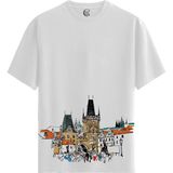 Color Luxe Prague Tower - Pamuklu Erkek Beyaz Tişört - Premium Quality - Renkli