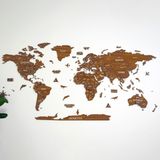 Colorfull Worlds 3 Boyutlu Ahşap Dünya Haritası, Ahşap Duvar Dekoru, Duvar Dekorasyon - Açık Kahverengi - 100 x 60 cm