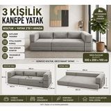 Colormix 3 Kişilik Kanepe Yatak Katlanır Tasarım Fitilli Kadife Kumaş Tam Sünger Konfor Yıkanabilir Kılıf Köşe Koltuk 300X20 - Gri
