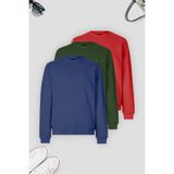COMBİNE MİCHAİL Erkek 3-lü Indigo-kırmızı-haki Sweatshirt Basic Bisiklet Yaka