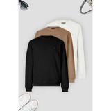 COMBİNE MİCHAİL Erkek 3-lü Karamel-siyah-ekru Sweatshirt Basic Bisiklet Yaka