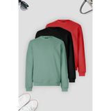 COMBİNE MİCHAİL Erkek 3-lü Kırmızı-çağla-siyah Sweatshirt Basic Bisiklet Yaka