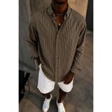COMBİNE MİCHAİL Erkek Günlük Çizgili Kahve Oversize Keten Gömlek