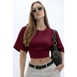 COMBİNE MİCHAİL Kadın Basic Bel Detaylı Bordo Crop Bluz