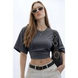 COMBİNE MİCHAİL Kadın Basic Bel Detaylı Füme Crop Bluz
