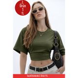 COMBİNE MİCHAİL Kadın Basic Bel Detaylı Haki Crop Bluz