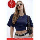 COMBİNE MİCHAİL Kadın Basic Bel Detaylı Lacivert Crop Bluz