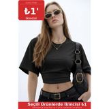 COMBİNE MİCHAİL Kadın Basic Bel Detaylı Siyah Crop Bluz