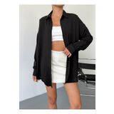 COMBİNE MİCHAİL Kadın Siyah Oversize Keten Ayrobin Gömlek