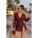 COMBİNE MİCHAİL Kadın V Yaka Uzun Kollu Bordo Kimono