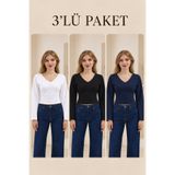 COMBİNE MİCHAİL Kadın V Yaka Uzun Kollu Dar 3 Lü Bluz