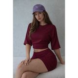 COMBİNE MİCHAİL Kadın Yarasa Kollu Yazlık Bordo Crop Bluz