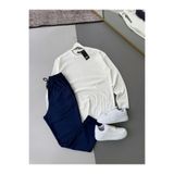 Combineman35 Erkek Dikey Çizgili Likralı Ottoman Beyaz Sweatshirt Lacivert Pantolon 2li Takım