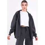 COMEOR Antrasit Kanguru Cepli Kapüşonlu Fermuarlı Oversize Kadın Sweatshirt -Antrasit CMRB73