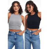 Comeor Kadın Gri-Lacivert Fitilli Görünümlü Askılı Kalın Esnek Örme 2'li Basic Crop Atlet Bluz