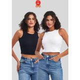 Comeor Kadın Siyah-Beyaz Fitilli Görünümlü Askılı Kalın Esnek Örme 2'li Basic Crop Atlet
