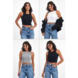 Comeor Kadın Siyah-Gri-Beyaz-Lacivert Fitilli Görünümlü Askılı Kalın Esnek Örme 4'lü Basic Crop Atlet