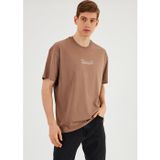 COMEOR Leo Erkek Oversize Tshirt %100 Pamuk Bisiklet Yaka Baskı Detaylı Basic Bej Tişört