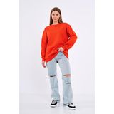 Comeor Turuncu Kadın Pamuklu Oversize Basic Bisiklet Yaka Sweatshirt