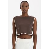 COMEUP Kontrast Biyeli Sıfır Kol Crop Top Kakao Dansı - Kahverengi