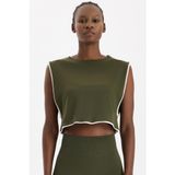 Comeup Kontrast Biyeli Sıfır Kol Crop Top (KOYU YAPRAK YEŞİLİ, L)