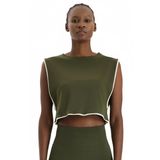 Comeup Kontrast Biyeli Sıfır Kol Crop Top (KOYU YAPRAK YEŞİLİ, M)