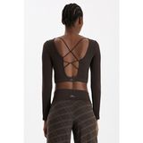 COMEUP Uzun Kollu Ekose Crop Top Kahve - Kahverengi