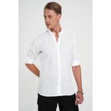 Comfort Fit Düğme Yaka Katlanır Kol %100 Keten Düz Beyaz Gömlek G 1595 - S