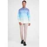 Comfort Fit Pano Desen Düğme Yaka %100 Keten Turkuaz Gömlek G 1593 - 4XL