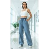 comfort jeans Kadın Sahra Likrasız Bağcıklı Beli Lastikli Mavi Yüksek Bel Geniş Paça Bol Palazzo Jean Pantolon