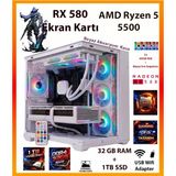 Comloji Ga Esp Pro Beyaz Sistem RX580 8gb + Ryzen 5 5500 32GB Ram 1tb SSD + Sıvı Soğutucu Akvaryum Kasa Full Rgb Tak Çalıştır Beyaz Oyuncu Bilgisayarı - 32 GB Ram 1TB SSD