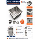 Compact Ankastre Inox Mutfak Evyesi 40X45 cm SUS304 Paslanmaz Çelik 1 mm Kalınlık Tezgah Altı Kullanım İçin Şık Tasarım