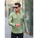 Comstar Erkek A Kalite Keten Slim Fit Uzun Kol Çift Kapaklı Gömlek - Haki