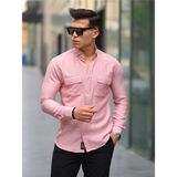 Comstar Erkek A Kalite Keten Slim Fit Uzun Kol Çift Kapaklı Gömlek - Pudra