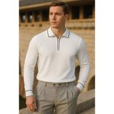 Comstar Erkek Çizgili Trend Uzun Kollu Beyaz Polo Yaka Kazak - XL