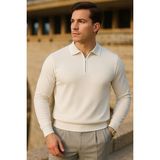 Comstar Erkek Çizgili Trend Uzun Kollu Krem Polo Yaka Kazak - XL