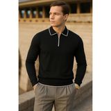 Comstar Erkek Çizgili Trend Uzun Kollu Siyah Polo Yaka Kazak - XL