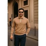 Comstar Erkek Fermuarlı Camel Uzun Kollu Polo Yaka Triko Kazak - Kahverengi - XL