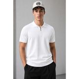 Comstar Erkek Fermuarlı Dar Basic Triko Beyaz Polo Yaka Tişört - 2XL