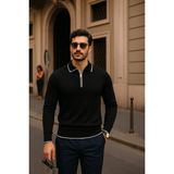 Comstar Erkek Fermuarlı Siyah Uzun Kollu Polo Yaka Triko Kazak - 2XL