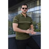 Comstar Erkek Günlük Çizgili Fermuarlı Triko Haki Polo Yaka Tişört - XL