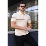 Comstar Erkek Günlük Çizgili Fermuarlı Triko Krem Polo Yaka Tişört