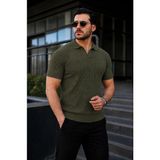 Comstar Erkek Günlük Çizgili Haki Triko Polo Yaka Tişört - 2XL