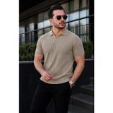 Comstar Erkek Günlük Çizgili S.kahve Triko Polo Yaka Tişört - Sütlü Kahve - 2XL