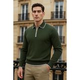 Comstar Erkek Trend Fermuarlı Haki Uzun Kollu Polo Yaka Tişört - XL