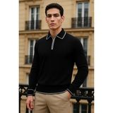 Comstar Erkek Trend Fermuarlı Siyah Uzun Kollu Polo Yaka Tişört - 2XL